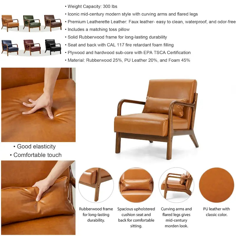 Fauteuil d'appoint moderne en similicuir avec oreiller, style milieu de siècle - 25,75 l. x 33,75 P. x 30,75 H.