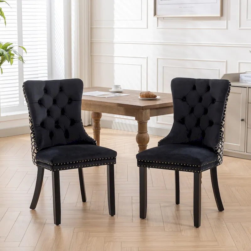 Lot de 2 chaises de salle à manger tapissées de velours avec garniture cloutée et pieds en bois