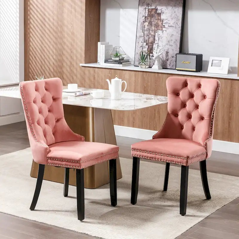Lot de 2 chaises de salle à manger tapissées de velours avec garniture cloutée et pieds en bois