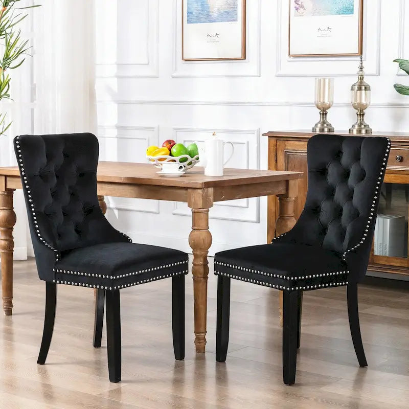 Lot de 2 chaises de salle à manger tapissées de velours avec garniture cloutée et pieds en bois