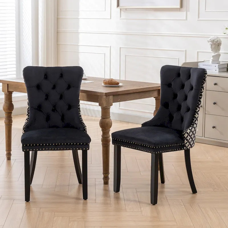Lot de 2 chaises de salle à manger tapissées de velours avec garniture cloutée et pieds en bois
